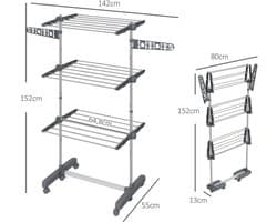 Opvouwbare Wasdroger Toren met Wielen 142x55x152cm Grijs Staal 3 Niveaus Zijvleugels 6 Zwivelwielen met Remmen