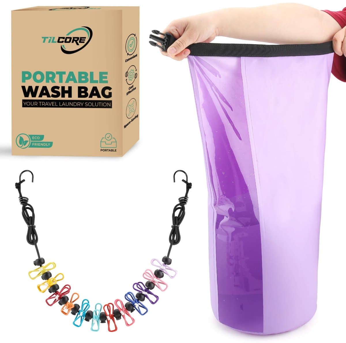 SnelShoppen - Draagbare Waszak Lavendel - Compact en Lichtgewicht Reiswasoplossing voor Kamperen, Backpacken en Onderweg - Ideaal voor Schone Kleding — afbeelding 1