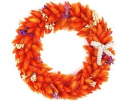 Gedroogde bloemen, gras, konijnenstaart, herfstkrans voor de decoratie van deuren, entrees, herfstdecoratie