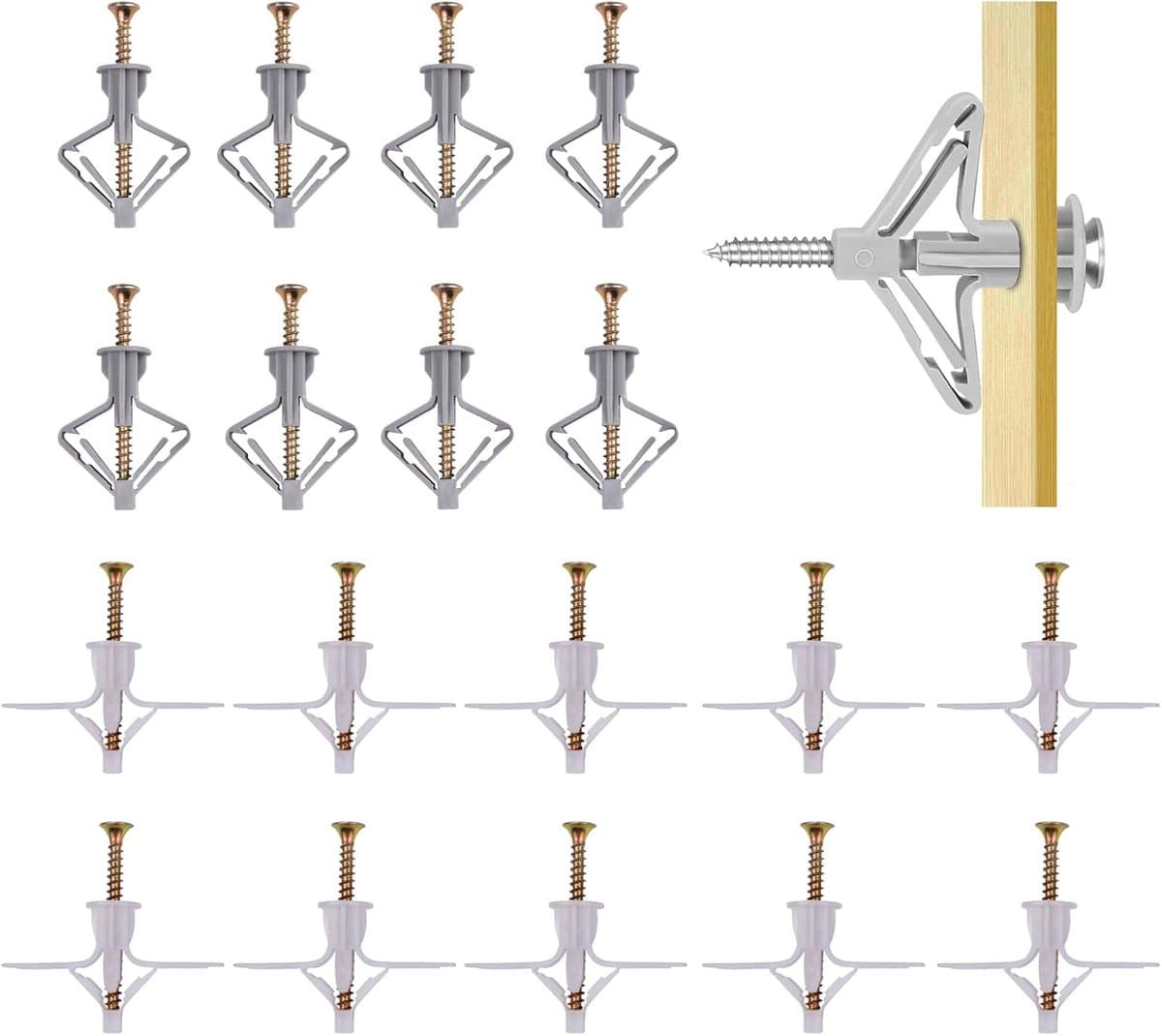 Set van 100 holle ruimtepluggen, vlinder, gipsplaat, dowels, vliegtuigvorm, vlindervorm, met schroeven, voor gipsplaat, gipsvezelplaten, beton, bakstenen, holle wand — afbeelding 1