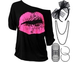 jaren 80 Kostuum Accessoires Set, Lips Print T-Shirt Kant Hoofdband Oorbellen Ketting Armband voor 80s Thema Party (Zwart, XXXL)