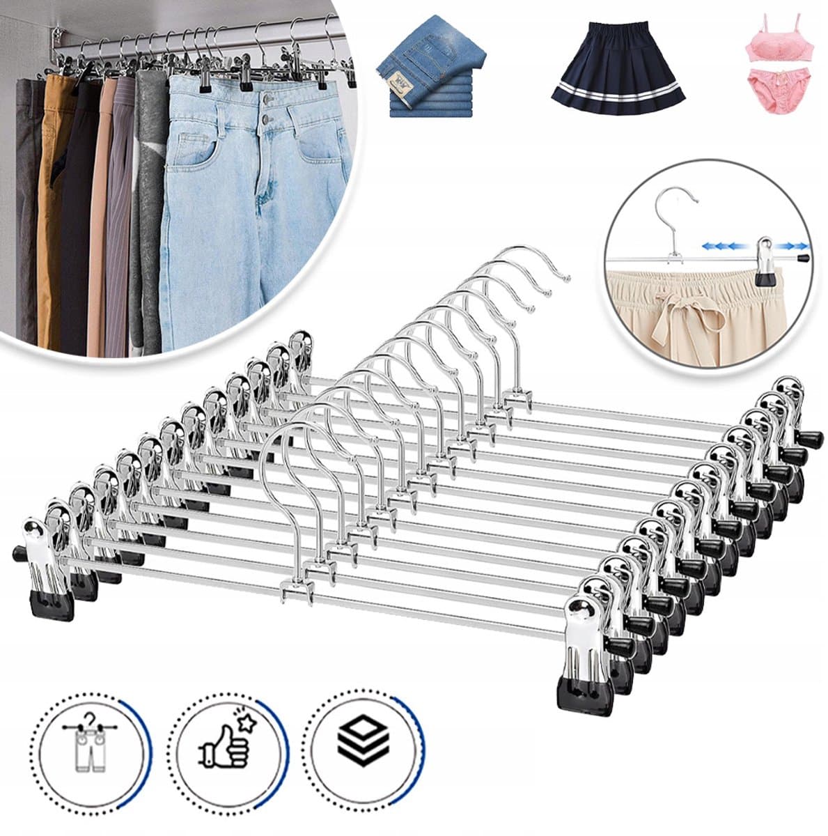 12 Metalen Cliphangers Met Verstelbare Clips En Antislipgrepen - Verchroomd Slank (30 cm) Robuust - Voor Rokken, Shorts, Stropdassen En Yogabroeken — afbeelding 1