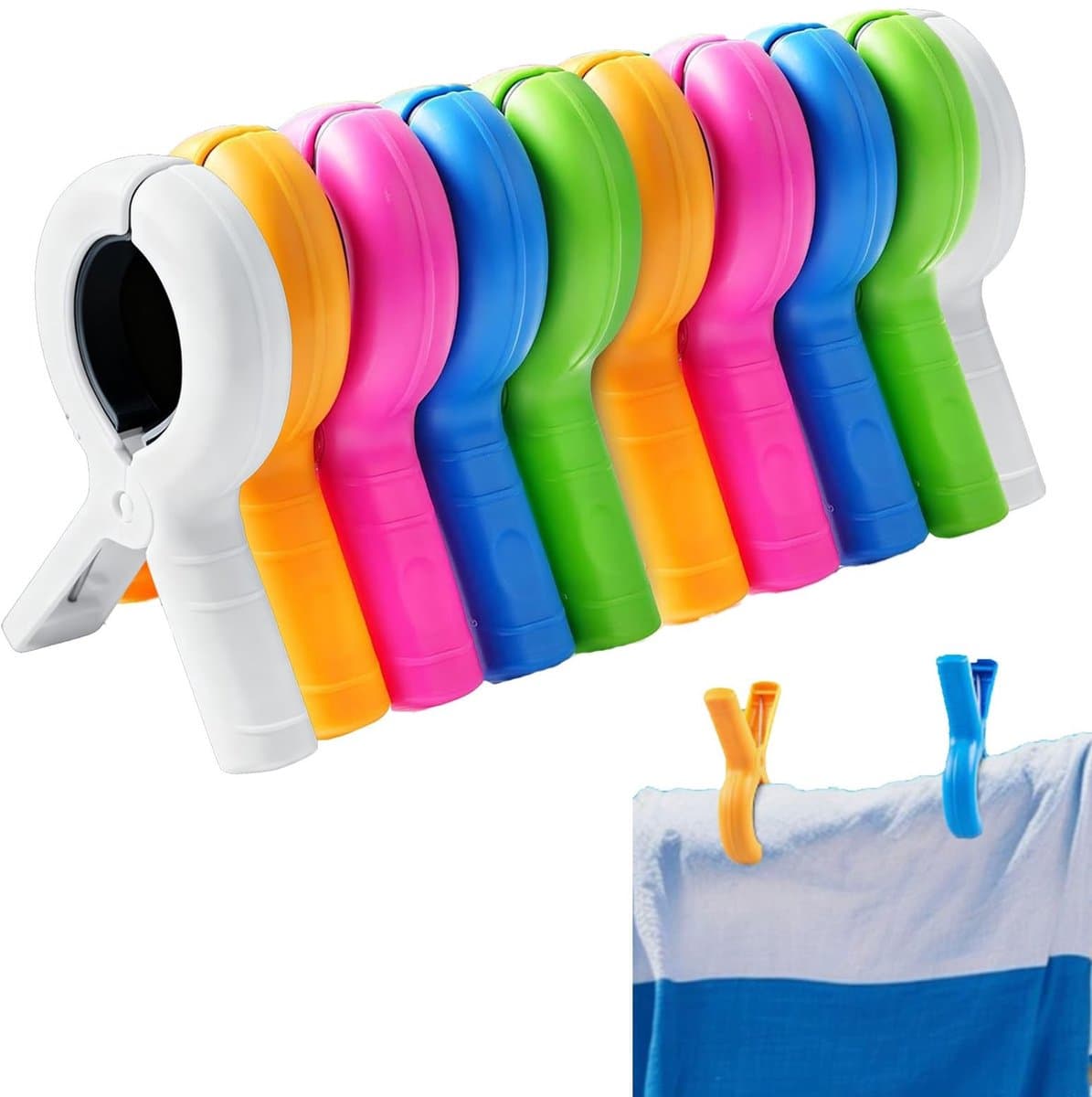 Dailygoods - Wasknijpers groot formaat plastic 10 stuks – Kleurrijke anti-slip klemmen 9,5x7cm – Sterke wasklemmen voor strandhanddoek, kleding, balkon, camping gebruik — afbeelding 1