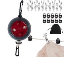 Waslijn Oprolbaar - Droogtouw Reizen - Kleding Drogen - Inclusief 20 Knijpers - 10 Meter - Rood
