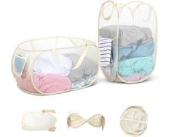 Opvouwbare Wasmand - Beige - 36 x 36 x 58 cm - Met Handvat en Ademend Netmateriaal - Voor Badkamer, Camping en Reizen