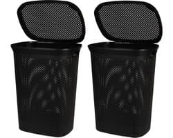 Bathroom Solutions Wasmand - Set van 2x stuks - zwart - 60 liter - 37 x 46 x 60 cm - met deksel