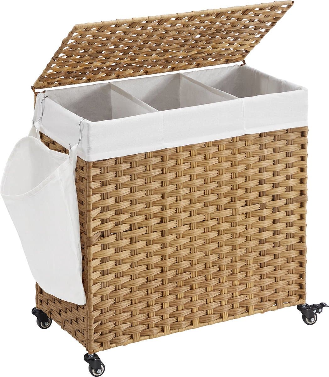 SONGMICS Wasmand, handgeweven, wasverzamelaar, 140 L, gemaakt van polyrattan, met 3 compartimenten, uitneembare zak, deksel, handvaten, voor woonkamer, badkamer, 66 x 33 x 60 cm, kleur naturel LCB363N01 — afbeelding 1