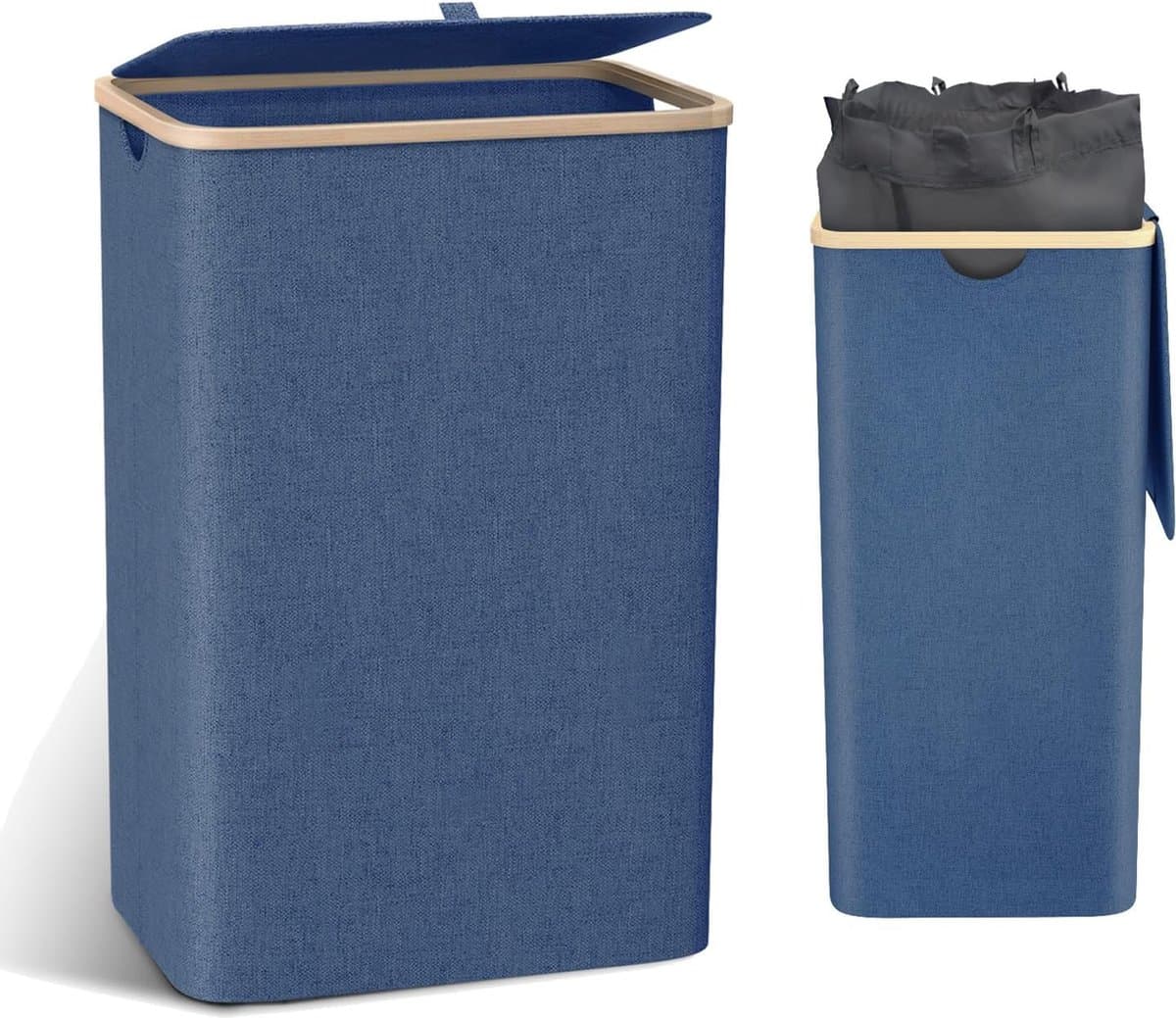 Wasmand met deksel, groot, 100 L wasmand, smal met afneembare waszak, wasmanden, waskast, waskist wasbak voor vuile was, marineblauw. — afbeelding 1