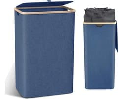 Wasmand met deksel, groot, 100 L wasmand, smal met afneembare waszak, wasmanden, waskast, waskist wasbak voor vuile was, marineblauw.