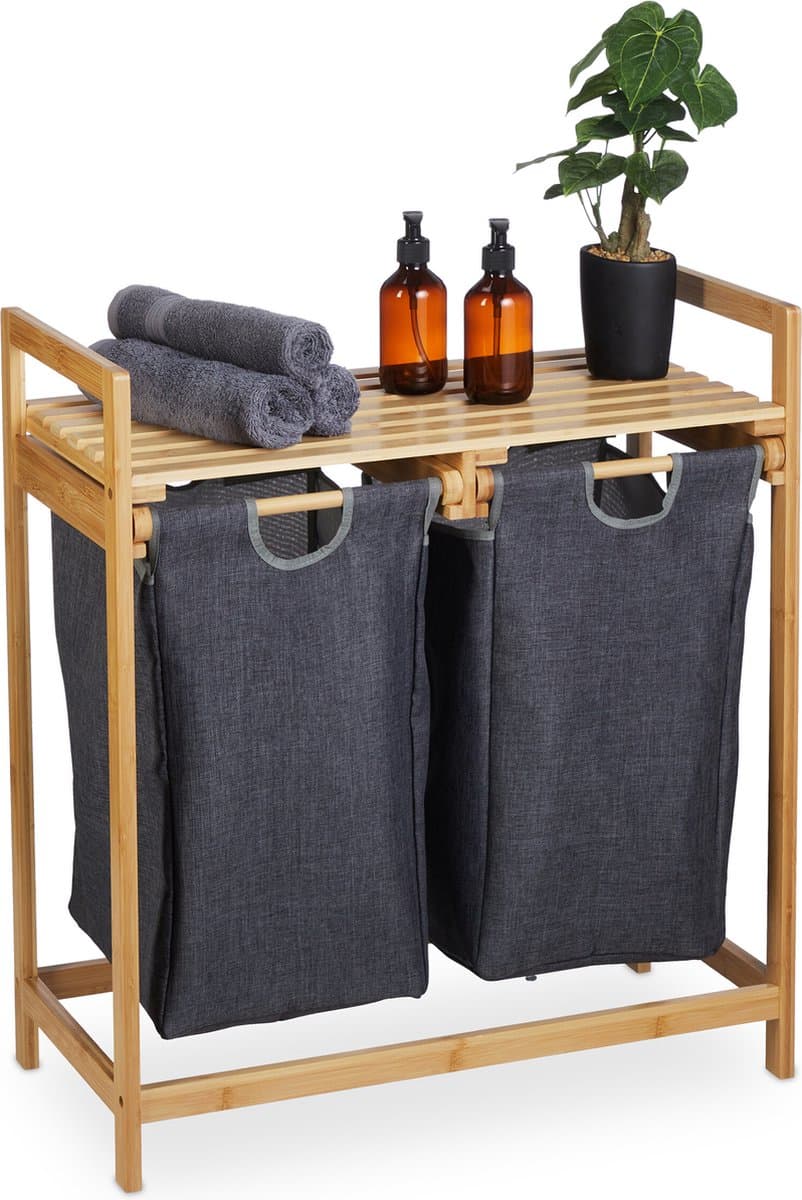 dubbele wasmand - 2 waszakken en plank - 37 liter - 73x64x33 cm - badkamer — afbeelding 1