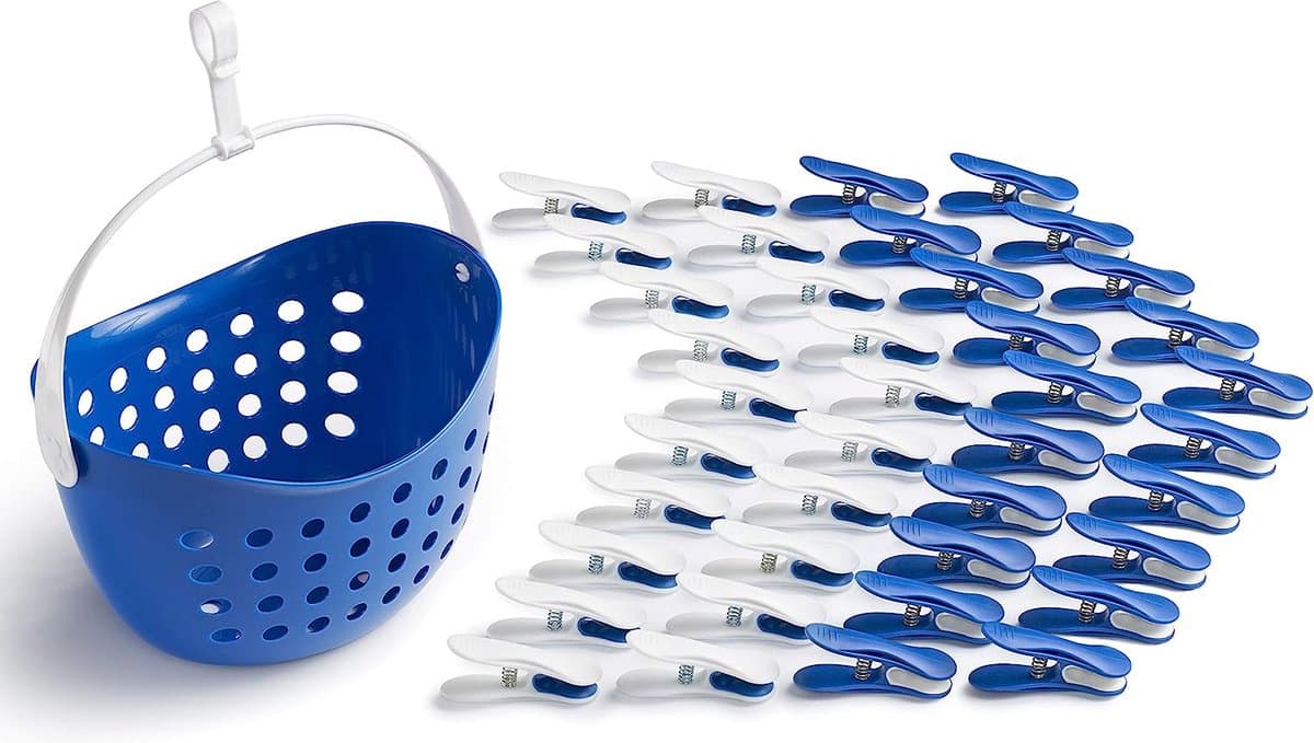 Soft clips met mand (40 stuks met mand/Classic Blue-white, White-classic blue, Basket Classic Blue, Handle white) Premium wasknijpers — afbeelding 1
