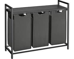 Wasmand Met 3 Vakken, Uittrekbaar Wassorteerder, Afneembaar Waszak, 3 X 38L, 92,5 X 33 X 72 Cm, Zwart-Grijs