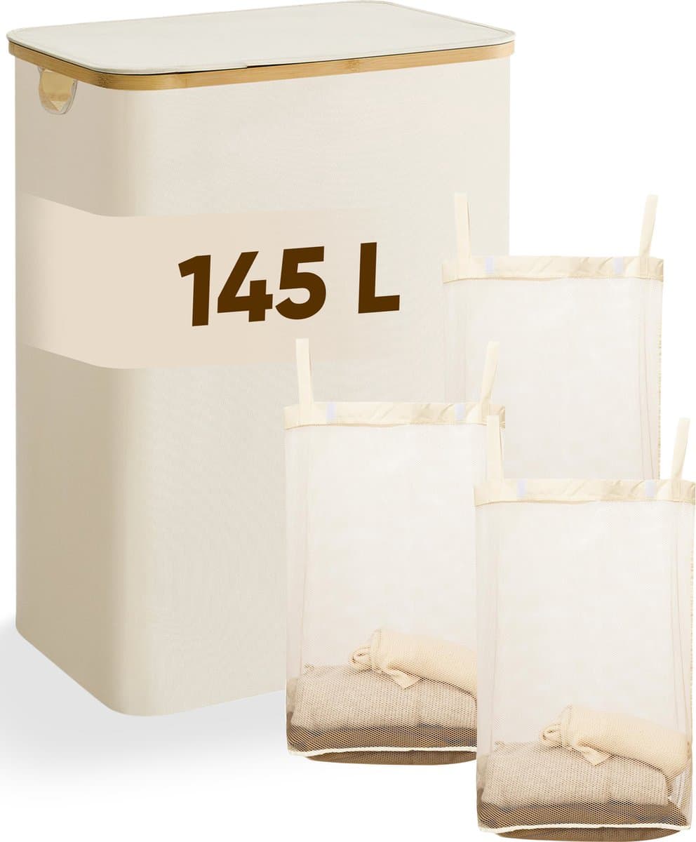 DARI. - Wasmand 3 vakken - Wassorteerder - 145L - met 3 uitneembare zakken - wasmand - beige - knopen — afbeelding 1