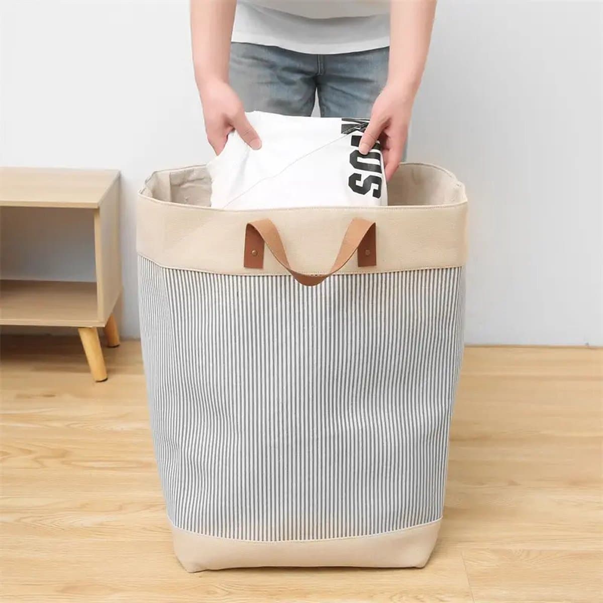 Black Friday 2024 Deals - Opvouwbare wasmand van jute stof met lederen handvat, opbergmand, Laundry basket - Wasbox — afbeelding 1