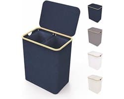 Wasmand 2 vakken wassorteerder - Wasmand 2 vakken met deksel - Wasmand met deksel - Wasverdeler - XXL waszak - 150 l - 57 x 37 x 71 cm - Blauw