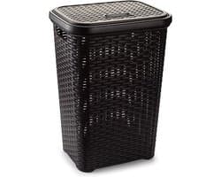 Plasticforte Wasmand met deksel - 60 liter - donkerbruin - rotan - kunststof - L35 x B43 x H62 cm