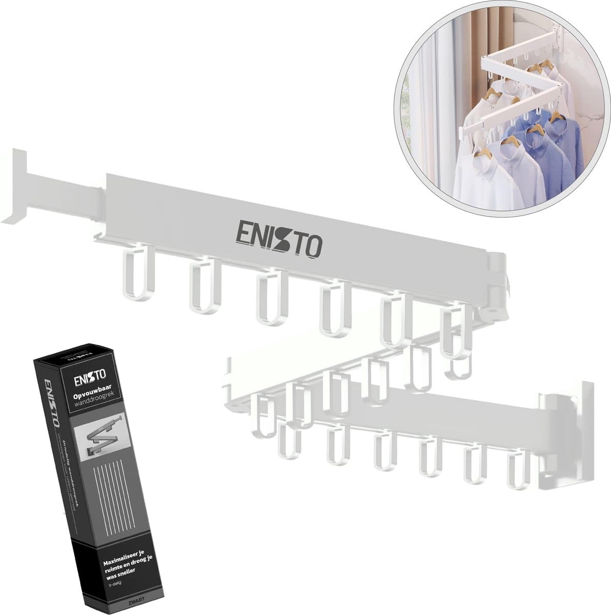 ENISTO® Wanddroogrek - Inklapbaar Wasrek - Droogrek Hangend - Wit - Met of Zonder Boren - Uittrekbaar - Ruimtebesparend — afbeelding 1