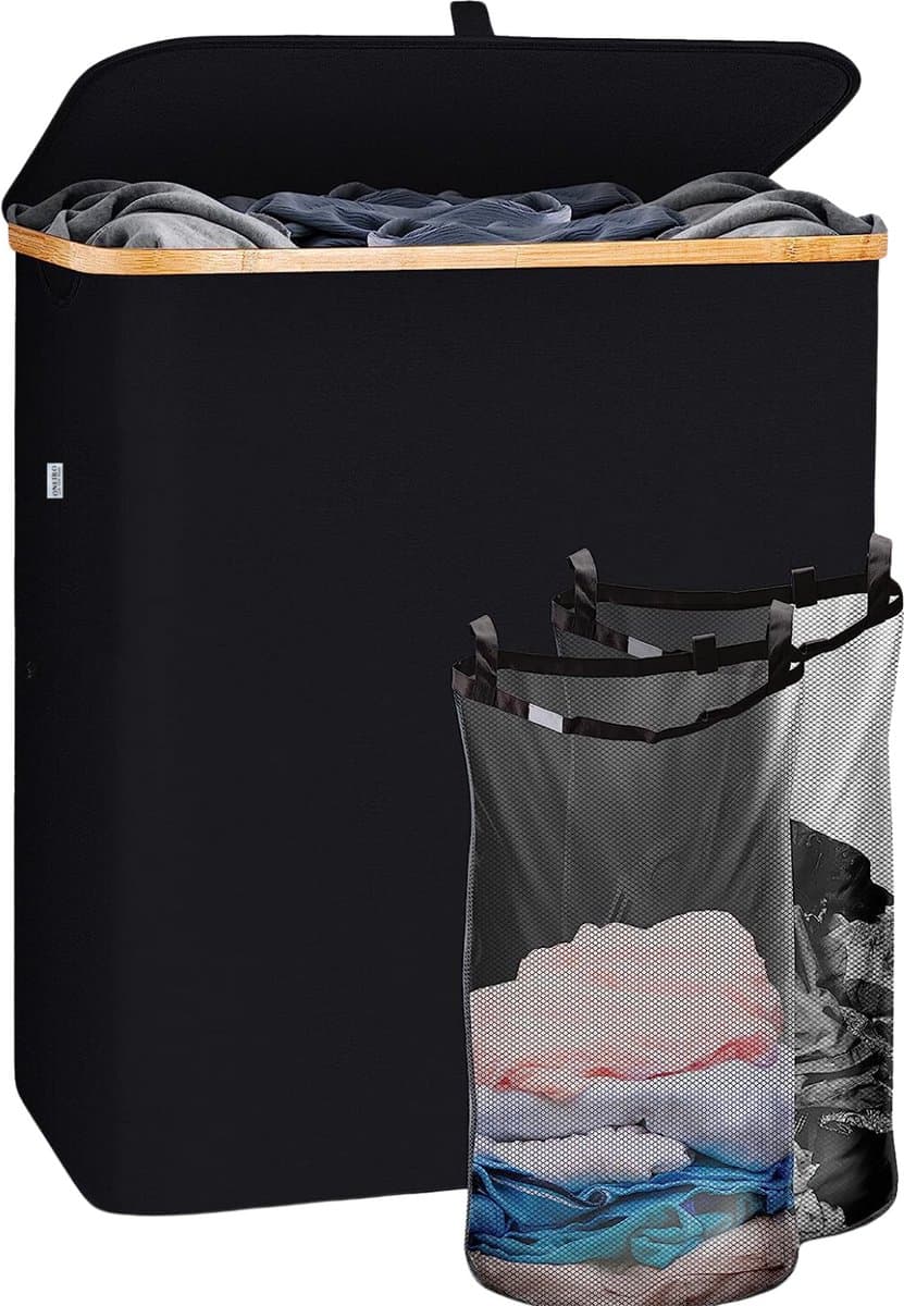 Oneiro's Luxe Wasmand PRO 140 L Zwart - opvouwbaar - L38 x B57 x H67 cm - wasmand met 2 vakken - wasmanden - wassorteerder — afbeelding 1