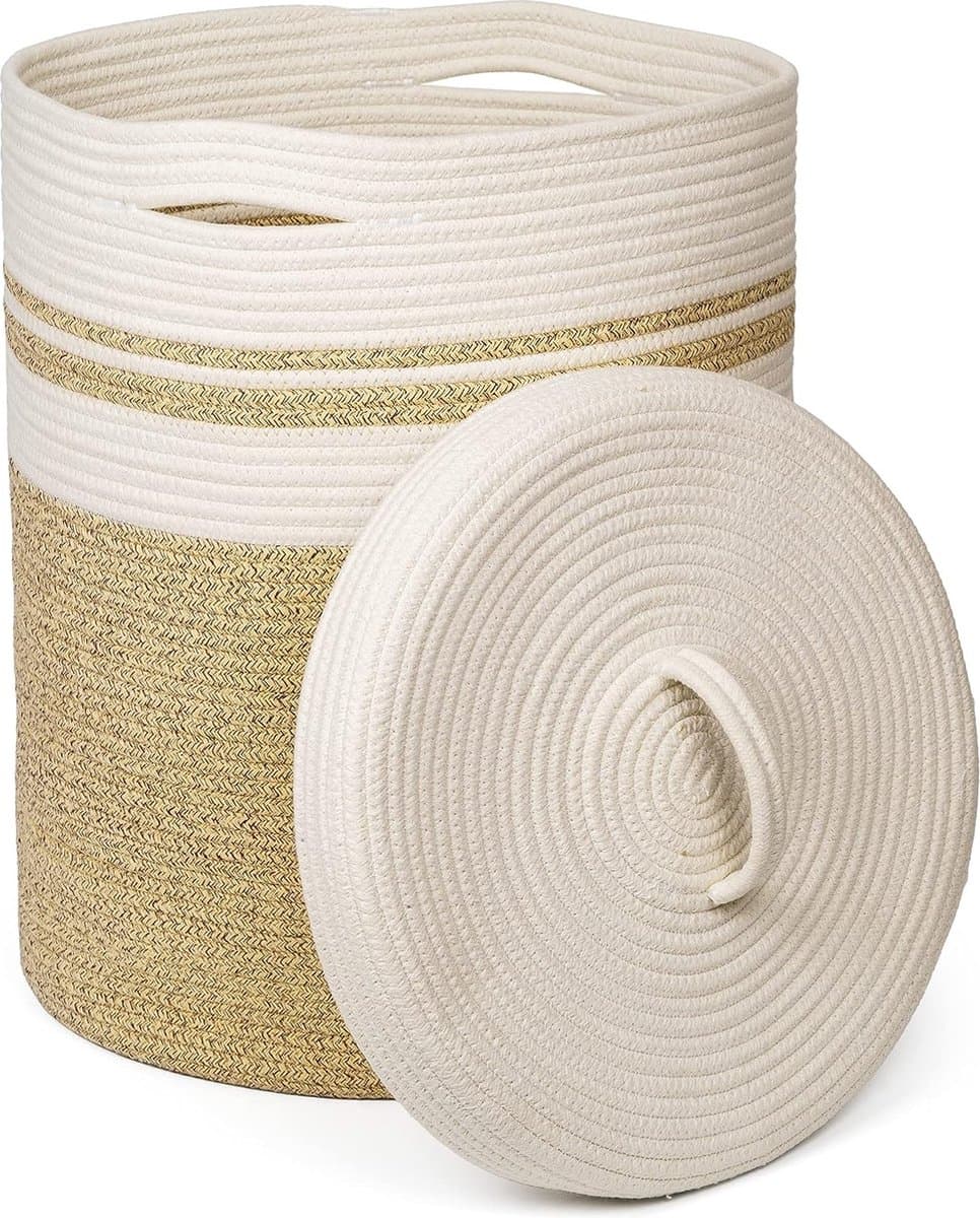 Wasmand met deksel, wasverzamelaar, opbergmand, gevlochten wasmand, waszak, mand, opslag, badkamer, wasmand, ronde opbergdoos, katoen, opvouwbare wasmand, smal — afbeelding 1