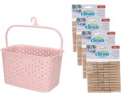 Wasknijpersmandje met ophanghaak - roze - en 96x houten wasknijpers 7 cm - was ophangen — afbeelding 1