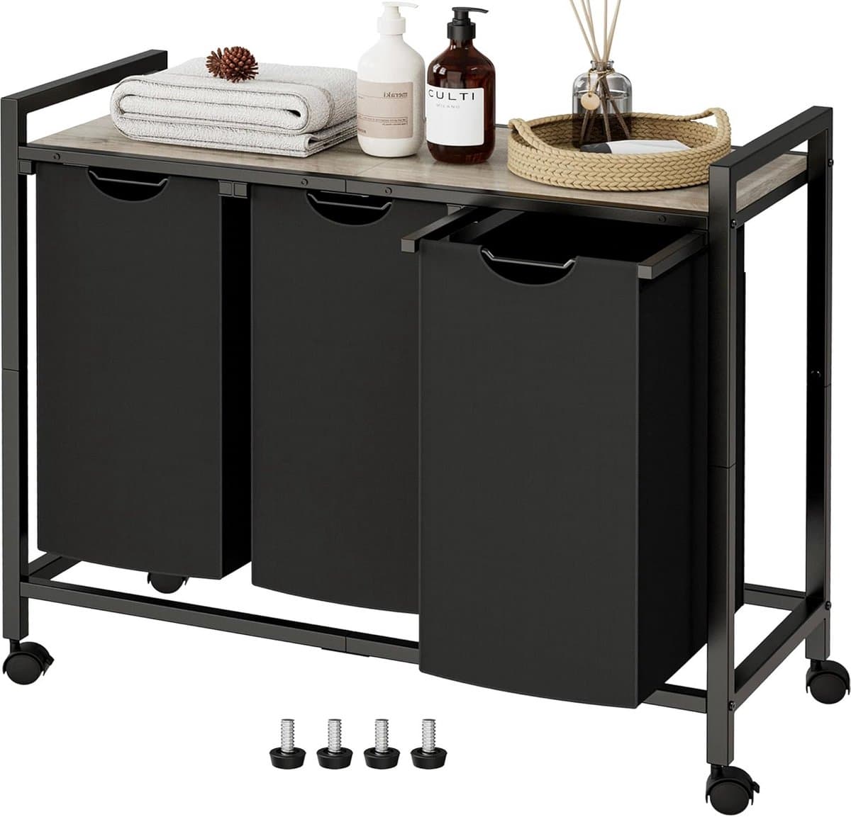 Ruime wasmand met 2 uitneembare zakken, rek en tafel | 3 x 11.5 gallon | Greige | 43.4L — afbeelding 1