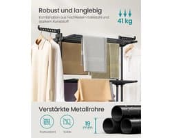 SONGMICS wasdroger- standaarddroger 4 niveaus- vleugelwasdroger- opvouwbare vleugels- met rollen- 63,5x125,5x173 cm, groot