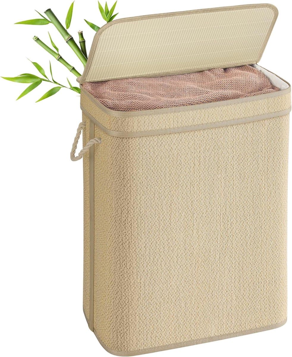 SONGMICS Bamboe wasmand, 90 liter, afneembare en machinewasbare waszak, met deksel, handgrepen, voor wasruimte, slaapkamer, woonkamer, natuurlijk LCB067Y01 — afbeelding 1