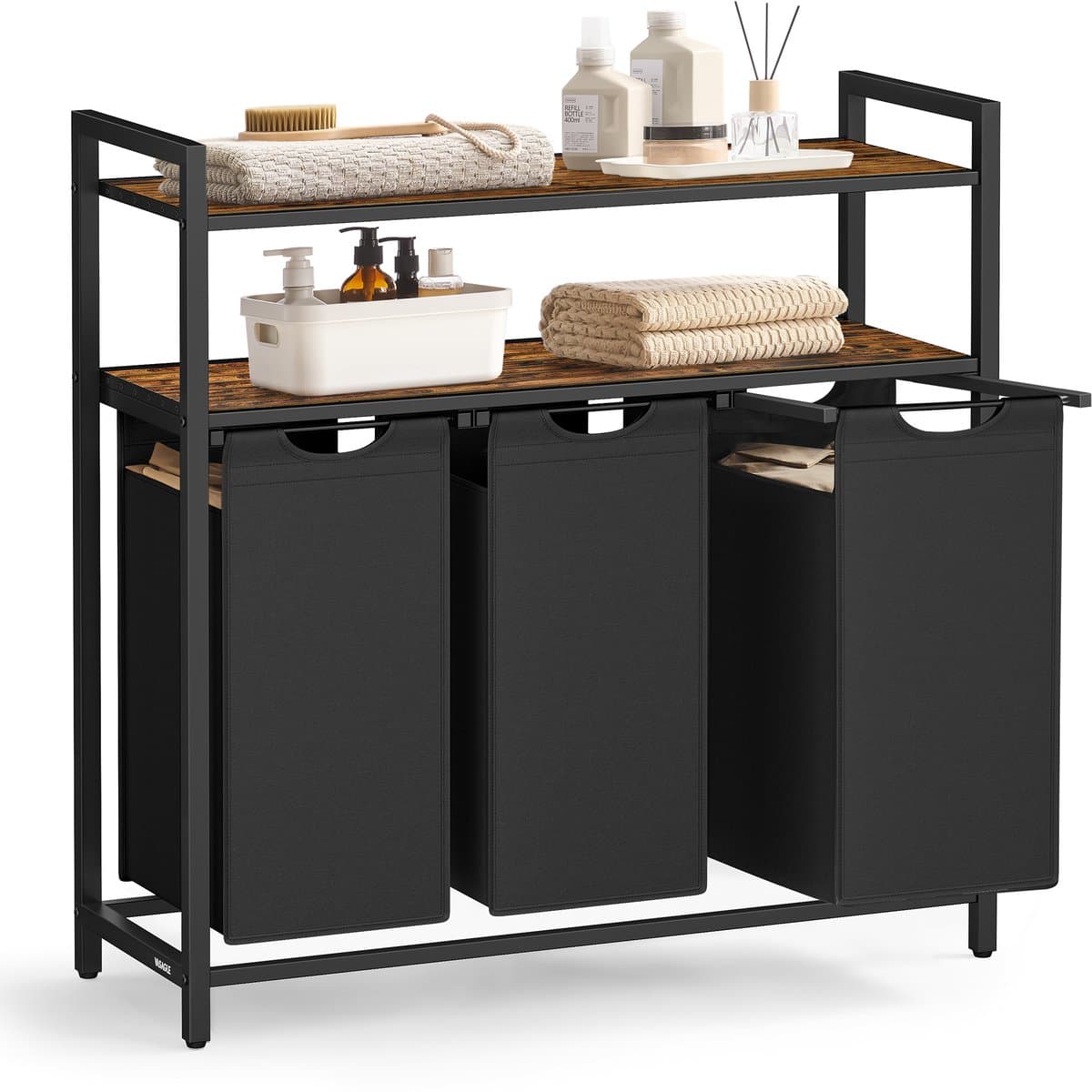 VASAGLE - Wasmand - Wassorteerder - 3 Uitneembare Tassen - Legplank - Voor Badkamer en Wasruimte — afbeelding 1