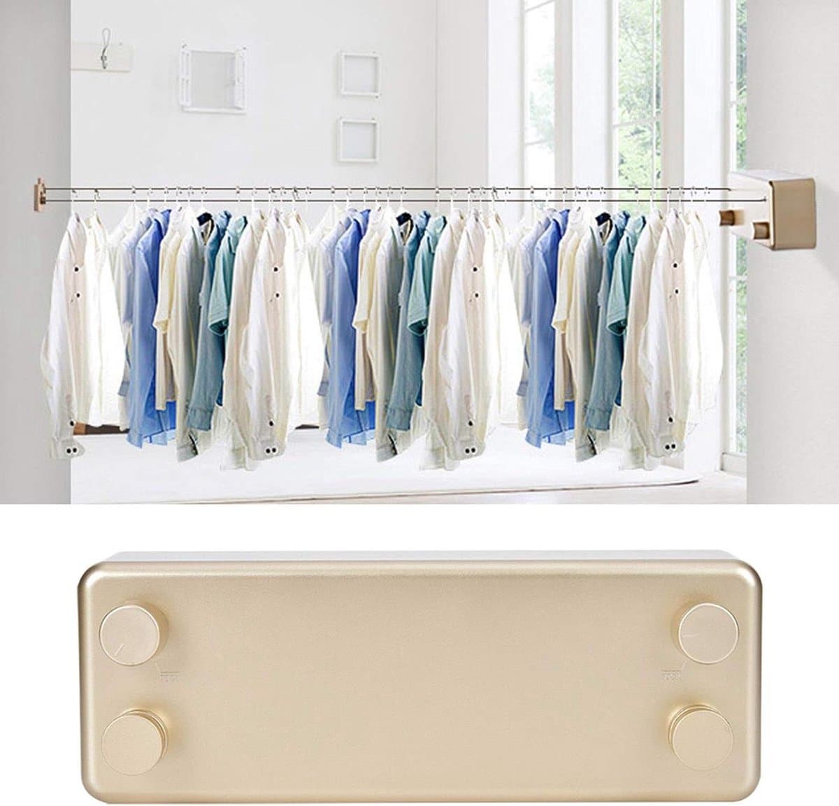Intrekbare Waslijn - Kledinglijn Dubbel Touw - Kleding Drogen Binnen - Dubbel Touw Ontwerp - 4 meter - Goud — afbeelding 1