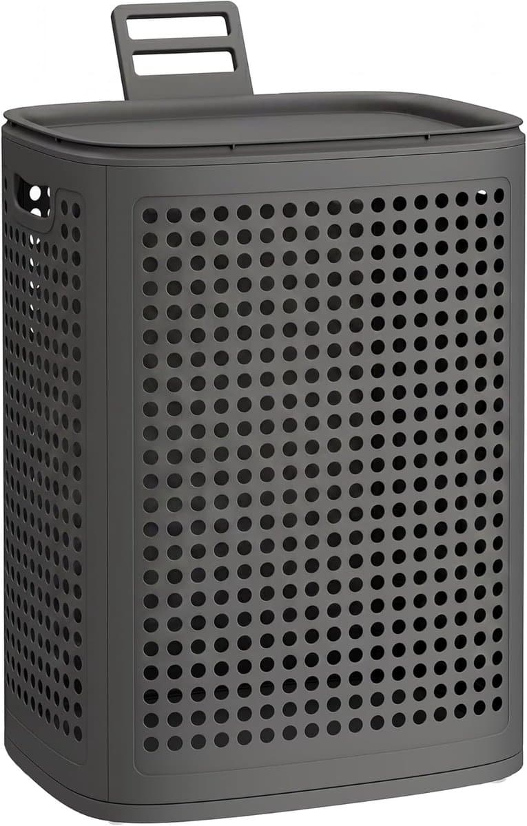 SONGMICS wasmand met deksel, wasbak plastic, 75 L, wasbak smal, wasbox ruimtebesparend, voor badkamer, wasruimte, slaapkamer, donkergrijs RLH021G101 — afbeelding 1