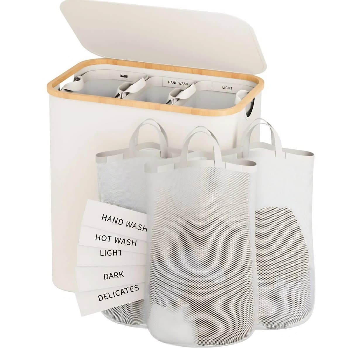 Wasmand 160L met Deksel & 3 Vakken – Slimme Was Sorteerder met Uitneembare Waszakken – Smalle Wasmand met Bamboe Frame – Wasbox voor Badkamer & Wasruimte — afbeelding 1