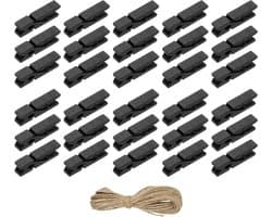 Houten knijpers - Kleurrijke clips - Foto's ophangen - Met jute koord - 50 stuks - Zwart
