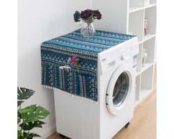 Stofhoes voor de wasmachine, wasmachinehoes met zijvakken, katoen-linnenstof in bohemian stijl, ook geschikt voor koelkasten en drogers (blauw, 70 x 170 cm).