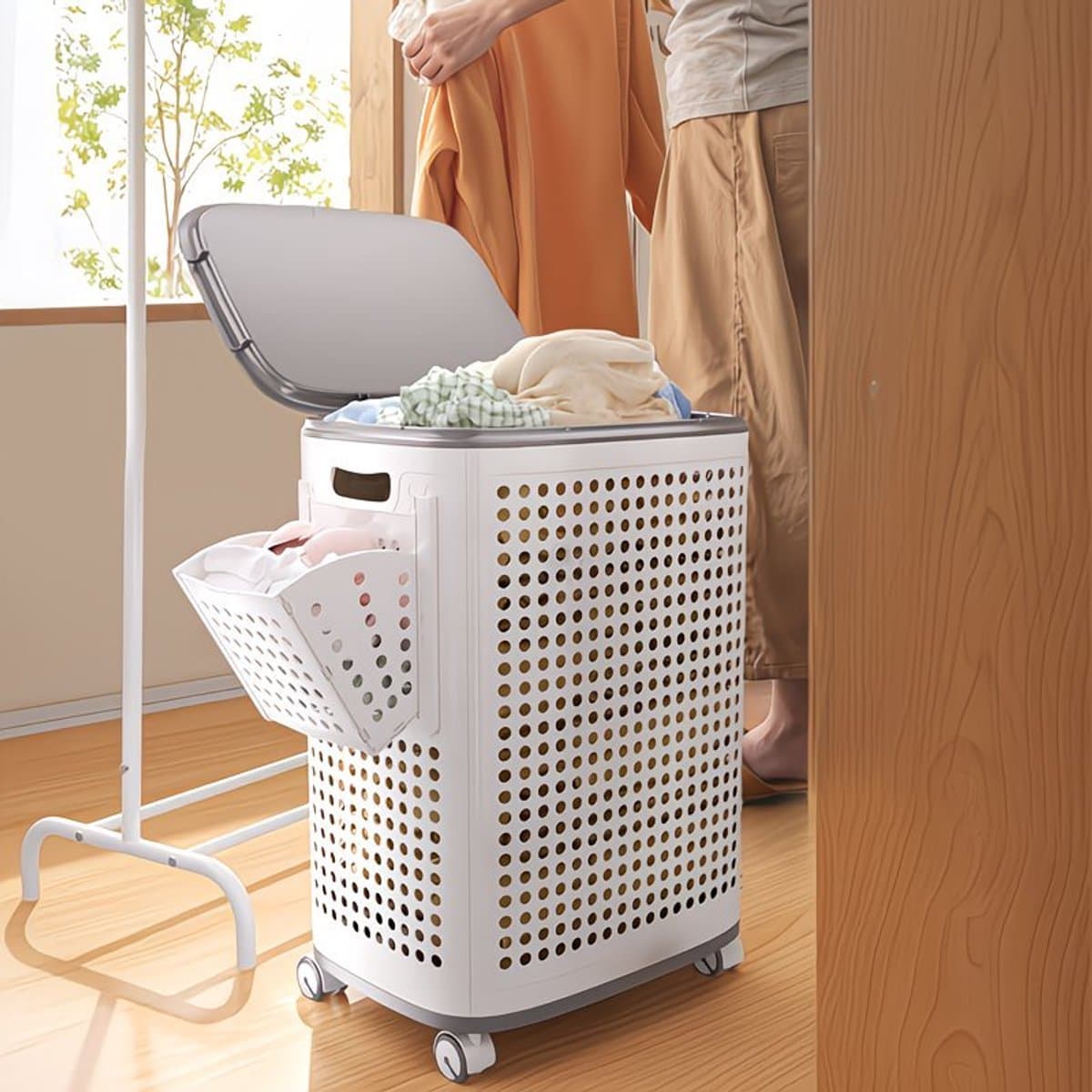 Opvouwbare Wasmand met Wielen, Deksel en Uitneembare Binnenzak – Ruimtebesparende Wasbox met Ventilatie voor Badkamer en Wasruimte — afbeelding 1