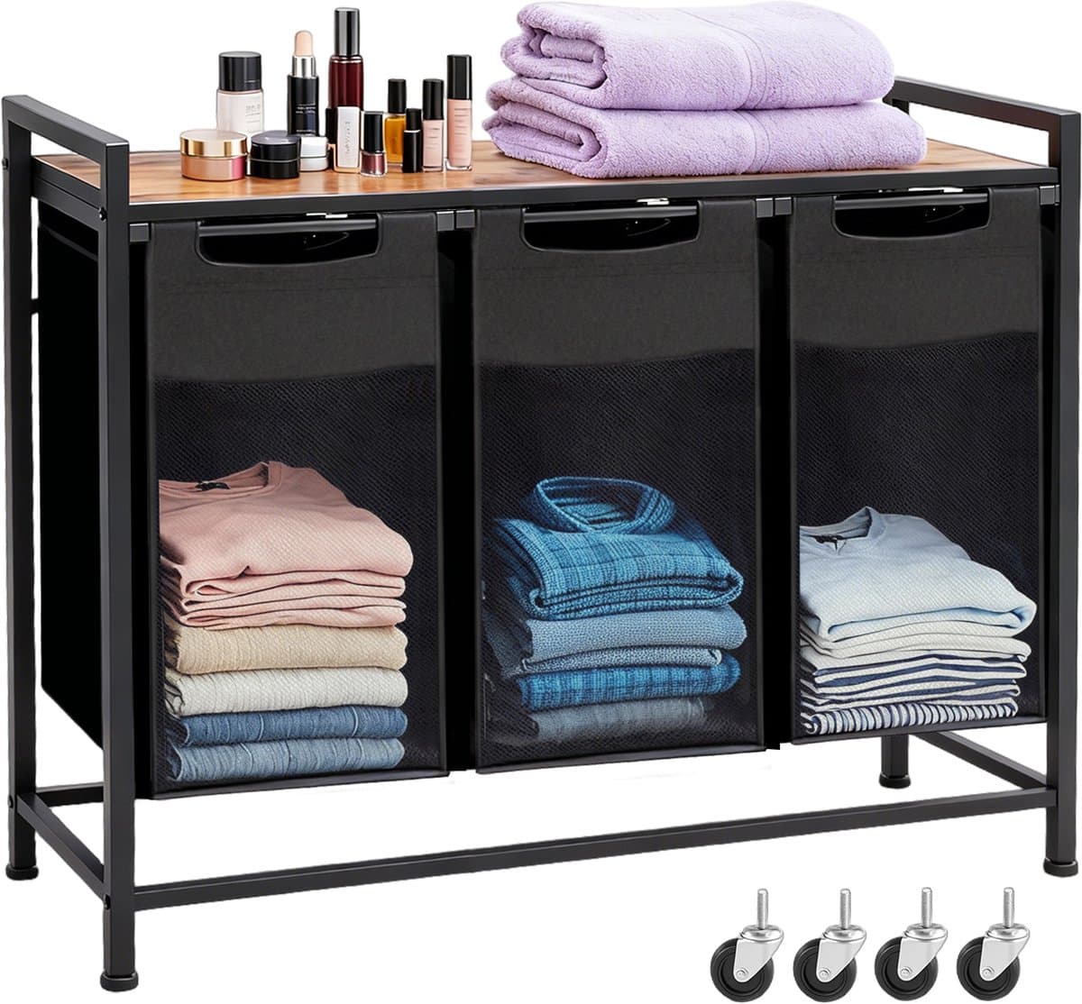 Drievoudige Wasmand 114L – 3 Wasmanden Naast Elkaar Met Metalen Frame en Opbergplank 93×33×72 cm – Wasgoed Organizer — afbeelding 1