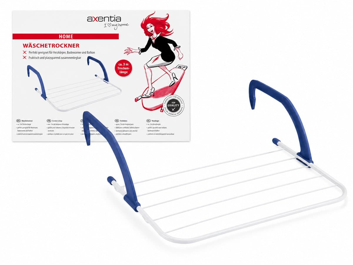 Axentia Hangend Droogrek voor Radiator of Balkon – Opvouwbaar Wasrek – 3 Meter Drooglengte – Wit/Blauw — afbeelding 1