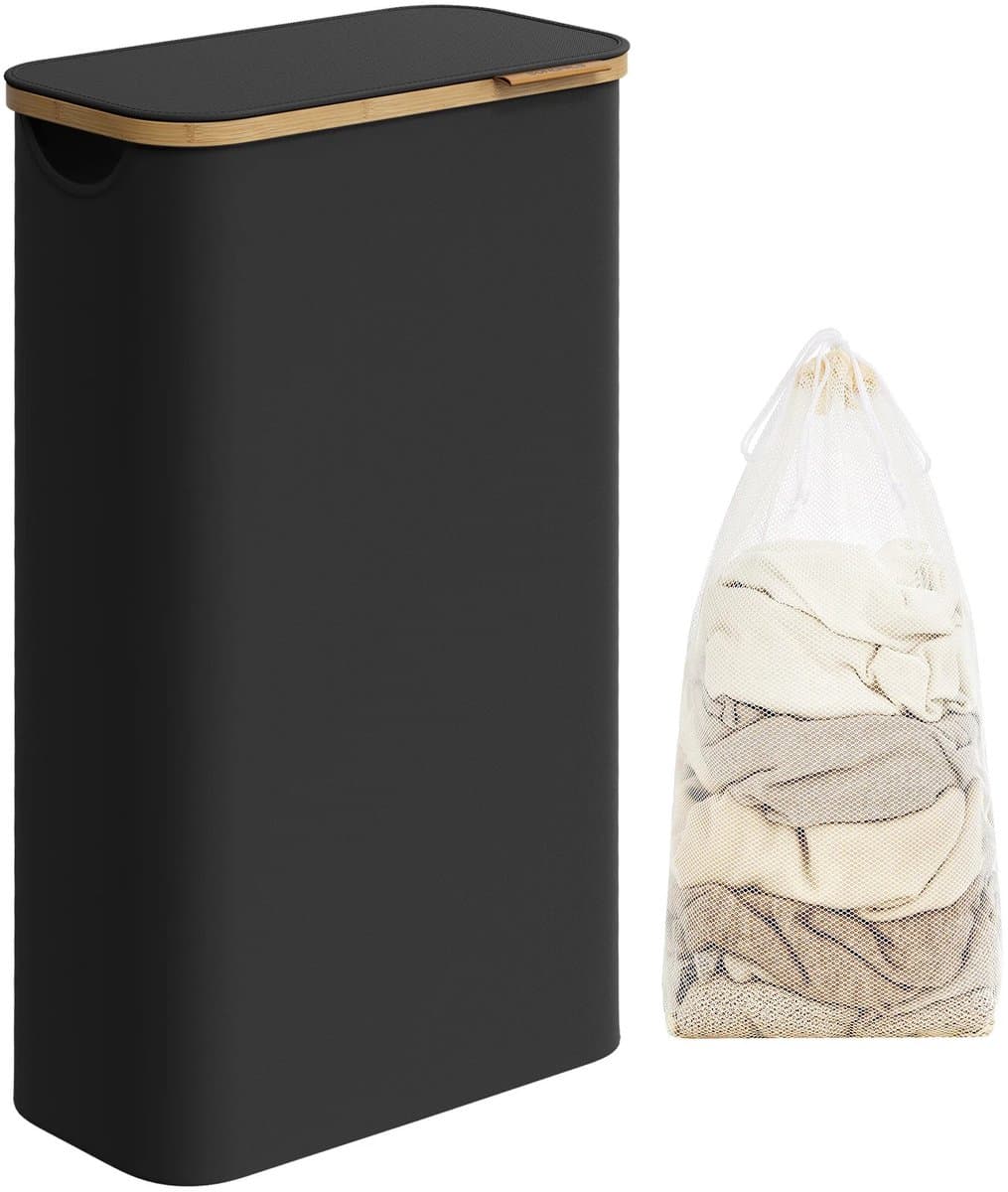 Velmio Wasmand - Smalle Wasbox - Wasmand Met Deksel - Smalle Wasmand - 65L - Oxford Stof - Bamboo - 42x22x70cm - Incl Uitneembare Waszak - Zwart — afbeelding 1