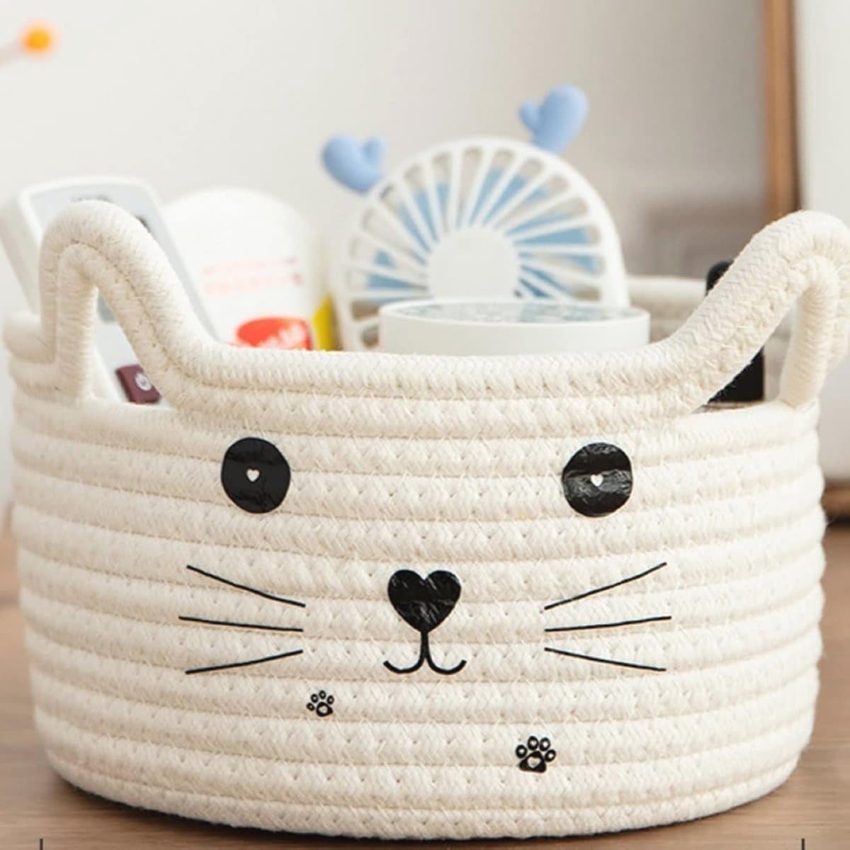 Geweven Kat-opbergmand met Oren - Decoratieve Organizer voor Speelgoed en Accessoires - Katoenen Touw - Ideale Cadeau voor Huisdieren en Kinderen - Compacte Maat 21 x 12 cm — afbeelding 1