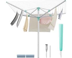 Furnstar Droogrek in hoogte verstelbaar 50 m waslijn voor 5 wasmachineladingen outdoor tuin met bodemhuls wasknijpers zilver-groen LLR301E01