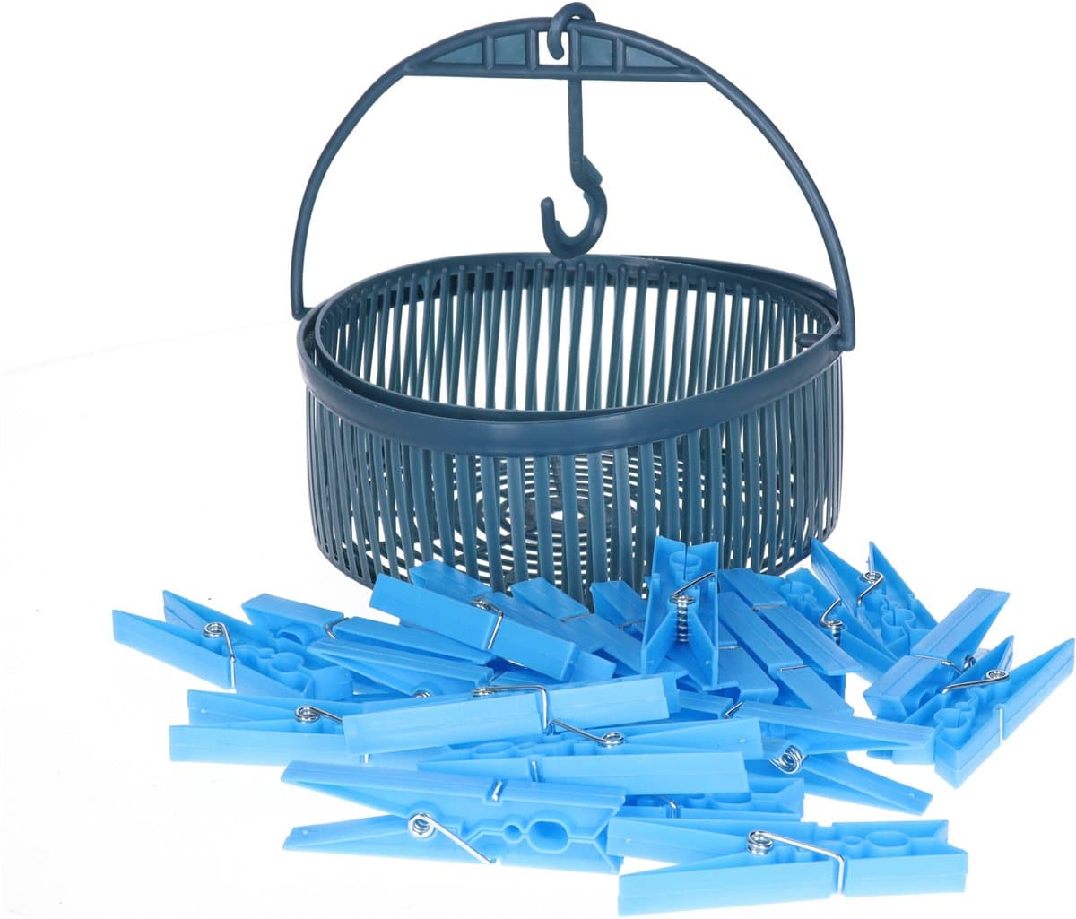24x gekleurde wasknijpers in hangmandje - blauw - kunststof - 17 x 19 x 11.5 cm - wassen - ophangen — afbeelding 1