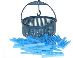 24x gekleurde wasknijpers in hangmandje - blauw - kunststof - 17 x 19 x 11.5 cm - wassen - ophangen — afbeelding 1