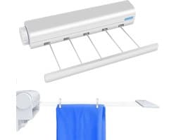 Wandwaslijnen - Roldrooglijn - 5 Waslijnen Tot 3.75 M Traploos Uittrekbaar - Praktisch Rolsysteem-Voor Wandmontage Incl-Bevestigingsmateriaal - Wit