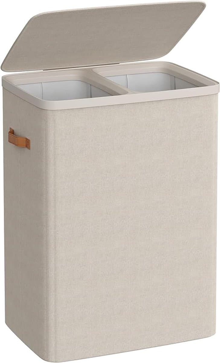 Wasmand 170 Liter met Deksel - 2 Vakken Wassorteerder - Grote Wasbox van Stof - 56x40x75 cm - Opvouwbare Waszak - Beige / Crème — afbeelding 1