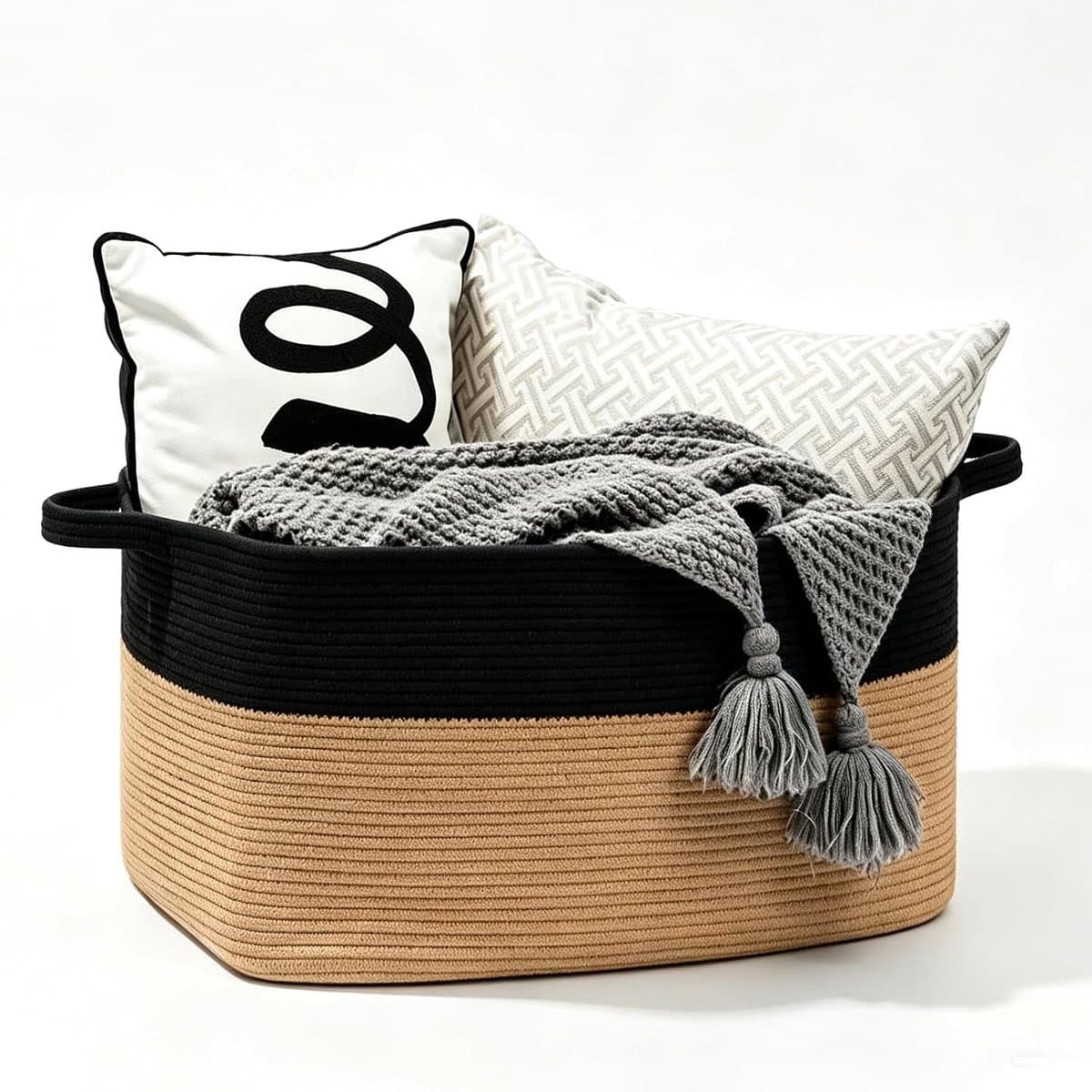 Gevlochten, 50 l, opbergmand met handgrepen, wasverzamelaar, handgemaakt, mand opslag voor dekens, speelgoed, knuffeldieren, kleding, 46 x 36 x 30 cm, zwart + kaki — afbeelding 1