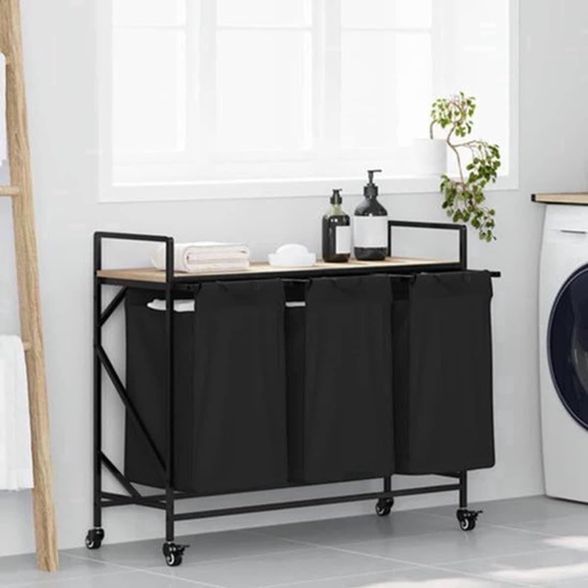 Wasmand – Wasbak – Wasbasket – Wascontainer – Wasbox – 3 Compartimenten Met Wielen – Sonoma Eiken Houten Plank — afbeelding 1