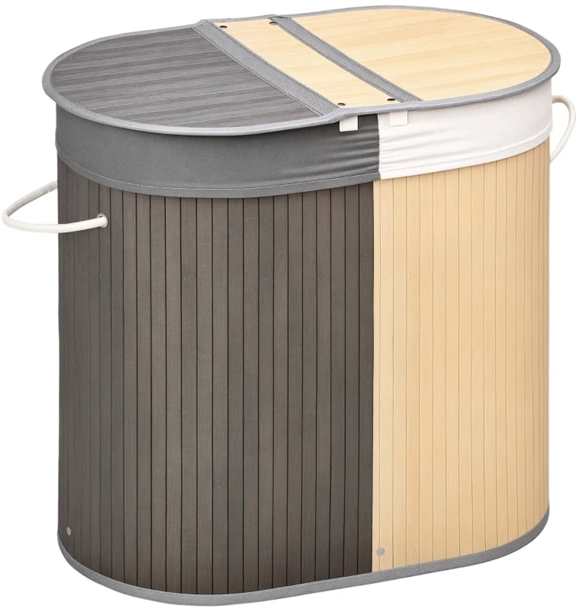Wasmand - 100 liter - Deksel met handvat - 2 secties - Verwijderbare waszak - Voor de slaapkamer - Bamboe - Grijs en naturel — afbeelding 1