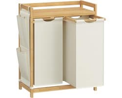 SONGMICS - wasmand 2 compartimenten - totaal 100 liter - wassorteerder - wasmand meubel - bamboe - met plank - 63 x 33 x 78 cm - crèmewit / houtkleurig