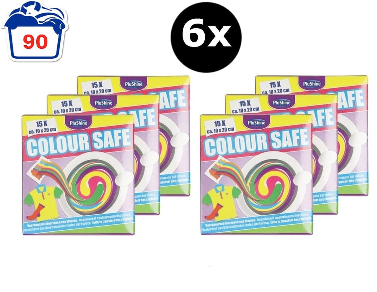 PluShine 6 x Colour Safe Wasmachine Doekjes - Anti-kleurdoorloop Doekjes - Kleurbeschermer – 6 x 15 Doekjes - Behoudt Kleur van Kleding - Totaal 90 Doekjes — afbeelding 1