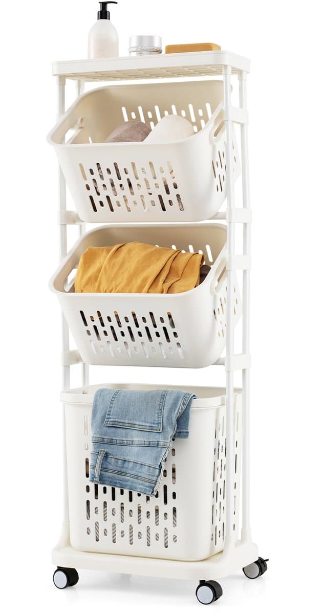 COSTWAY Wasmand met 3 verdiepingen op wieltjes, wasmand met 3 manden en handvat, wasverzamelaar met metalen frame, wassorteerder voor badkamer, waskeuken, wit — afbeelding 1