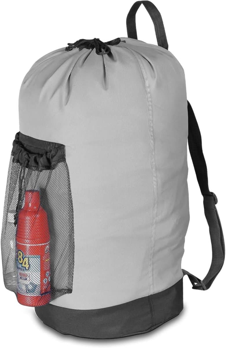 Rugzak waszak, wasrugzak met schouderbanden en netvakken, reistas voor buitensporten, duurzame nylon wasmand met trekkoordsluiting, waterdichte opbergtas voor universiteit, reizen, wasserette, appartement, grijs — afbeelding 1